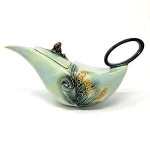 HULL Art Deco Pottery Teapot 1950's Parchment & Pine Sage Green VTG Mid Century